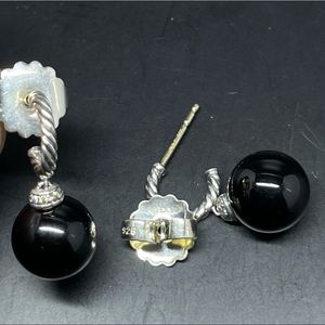 DAVID YURMAN 9mm Solari 925 Silver Onyx & Diamonds Hoop Drop Earrings